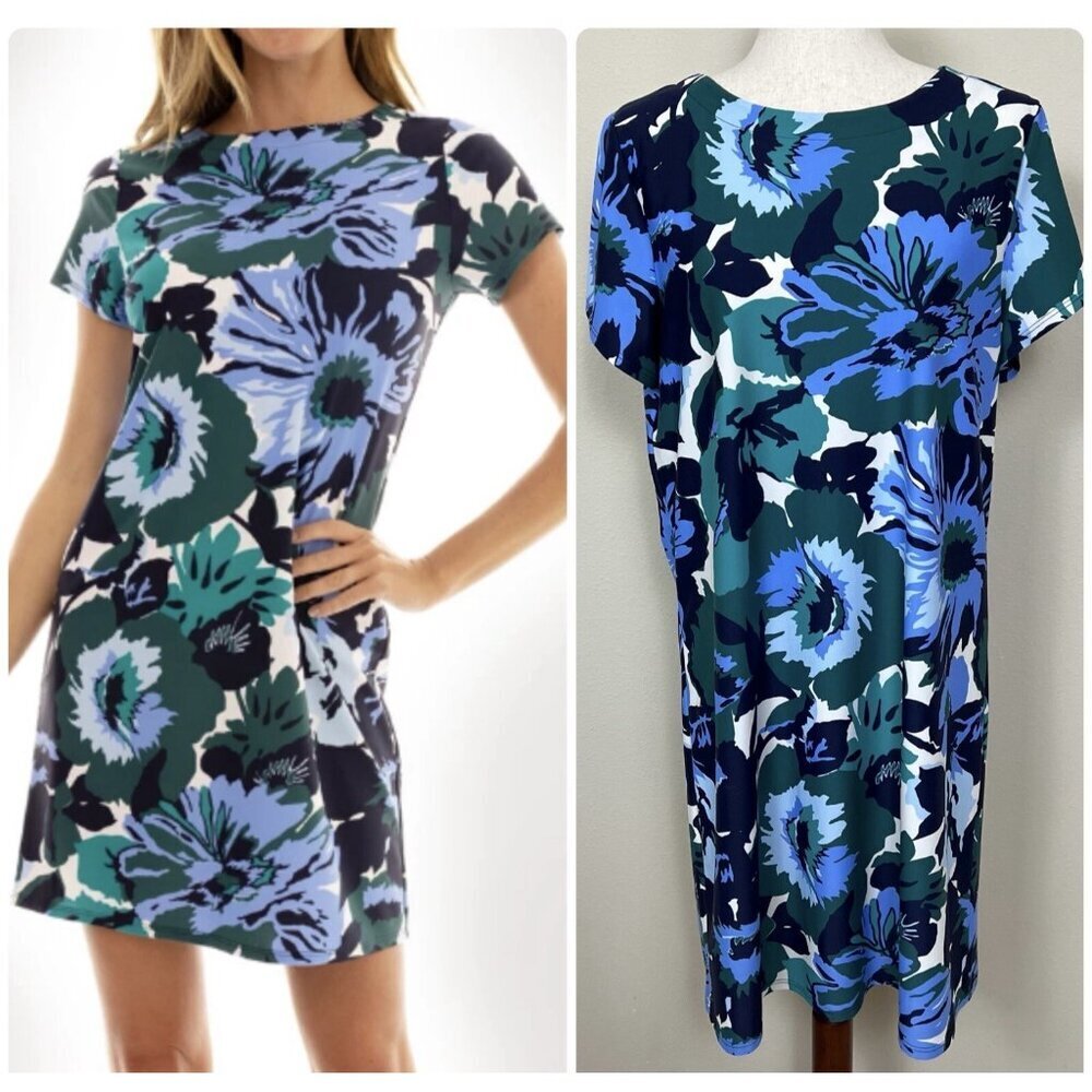 Jude Connally Ella Dress Size Large Jude Cloth Floral Nylon Stretch Short Sleeve